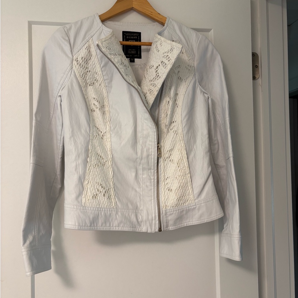 Guess White Leather Jacket with Lace Details